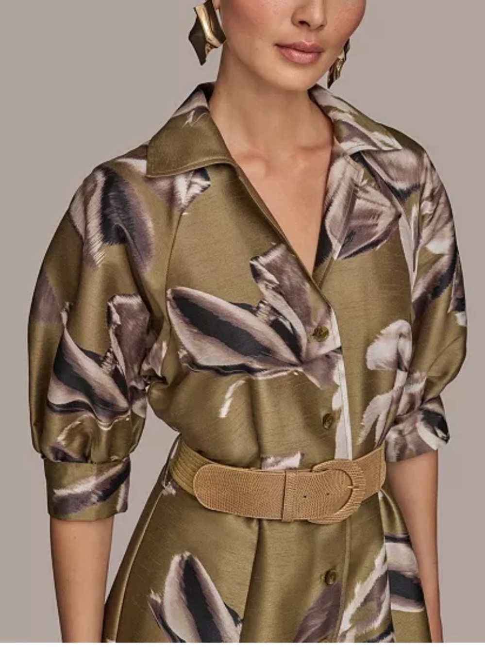 Donna Karan New York Olive Floral Belted Midi Shirt Dress NWT Size 10 - Picture 4 of 12